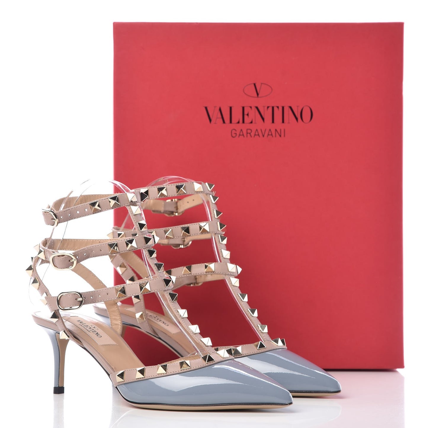 Patent Rockstud Ankle Strap Low Heel Pumps 35.5 Grey Poudre
