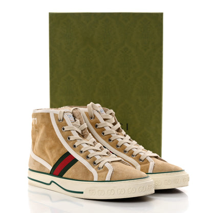 Gucci Suede Shearling Web GG Monogram Embossed Womens 1977 Tennis High Top Sneakers 39 Butterscotch Mystic White 8 of 8