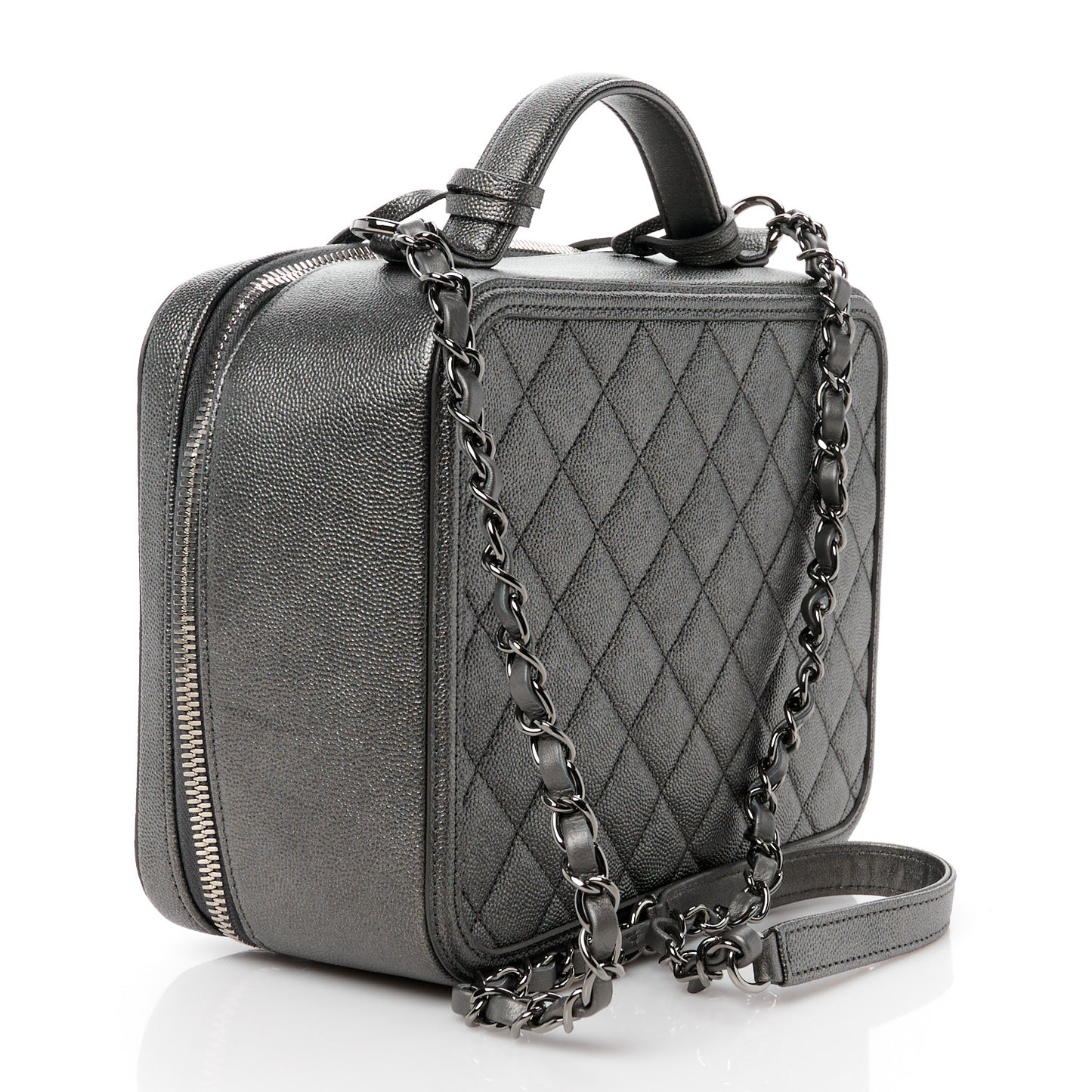 Metallic Caviar Quilted Medium CC Filigree Vanity Case Dark Silver