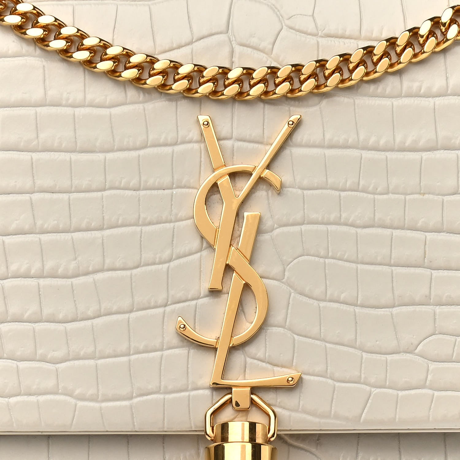Saint Laurent Calfskin Crocodile Embossed Kate Monogram Tassel Chain Wallet Vintage White 7 of 14