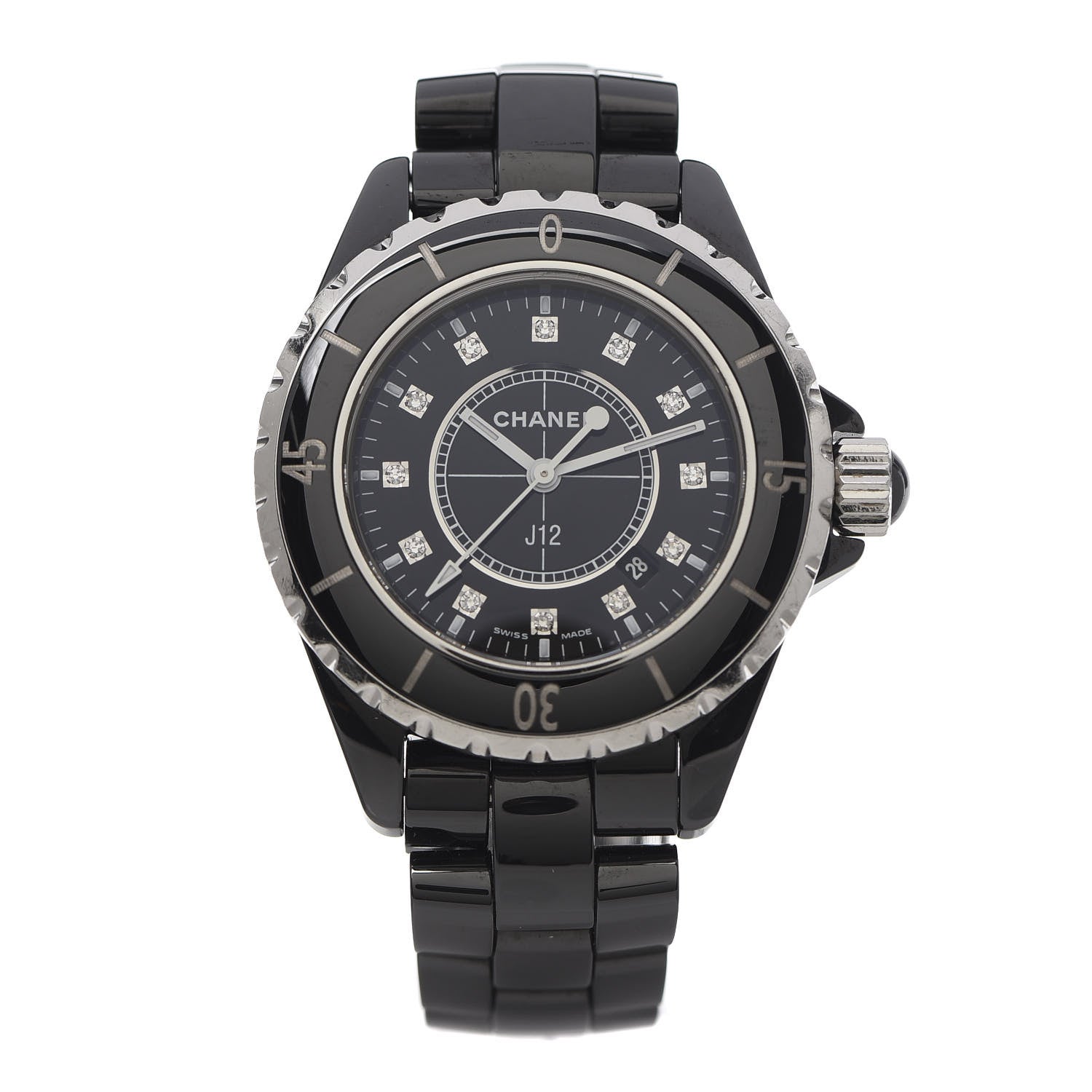 Chanel Stainless Steel Ceramic Diamond 33mm J12 Quartz Watch Black 1 of 7