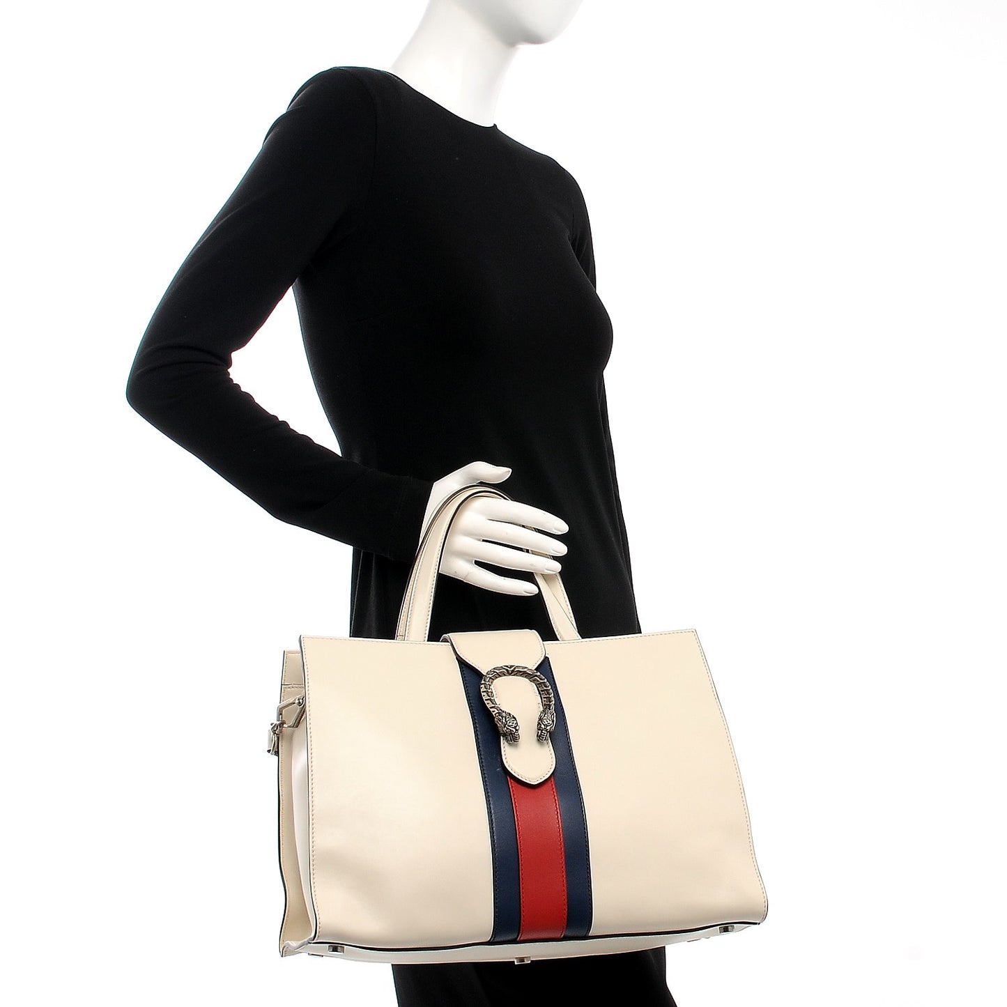 Calfskin Web Stripe Large Dionysus Tote Bag White