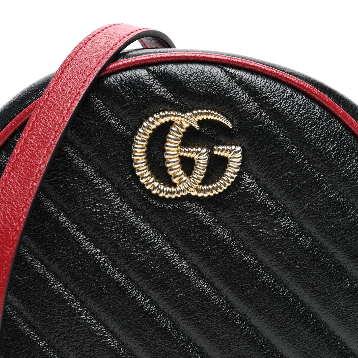 Vintage Effect Calfskin Matelasse Diagonal Mini Torchon GG Marmont Round Shoulder Bag Black Romantic Cherry