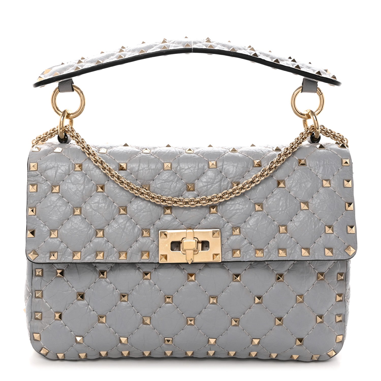Valentino Garavani Craquele Nappa Medium Rockstud Spike Shoulder Bag Pastel Grey 1 of 10
