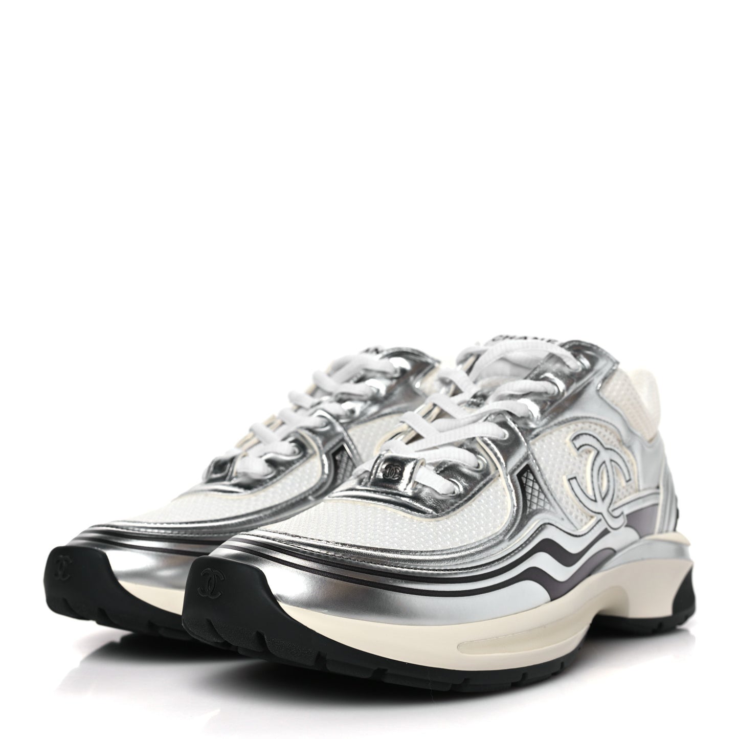 Fabric Laminated Calfskin Stretch CC Womens Sneakers 39.5 White Silver