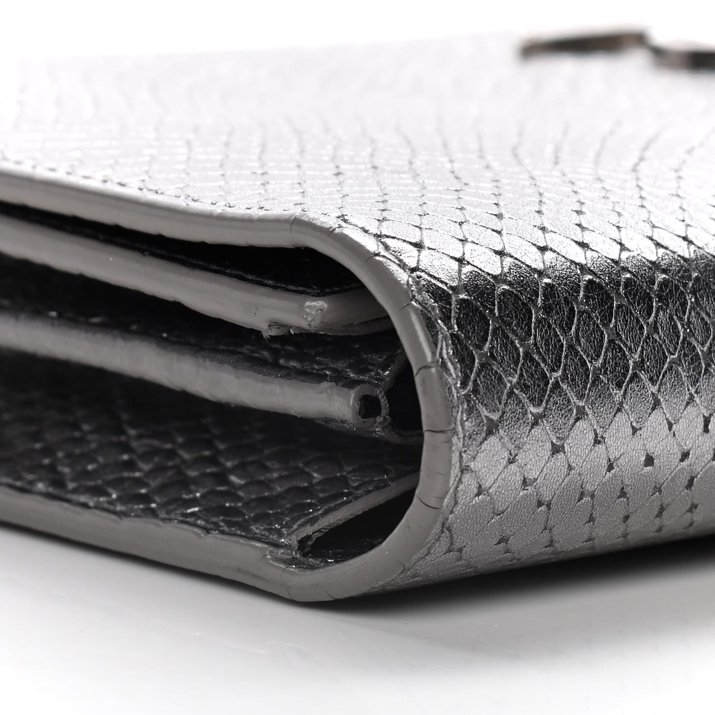Metallic Calfskin Python Embossed Monogram Chain Wallet Silver
