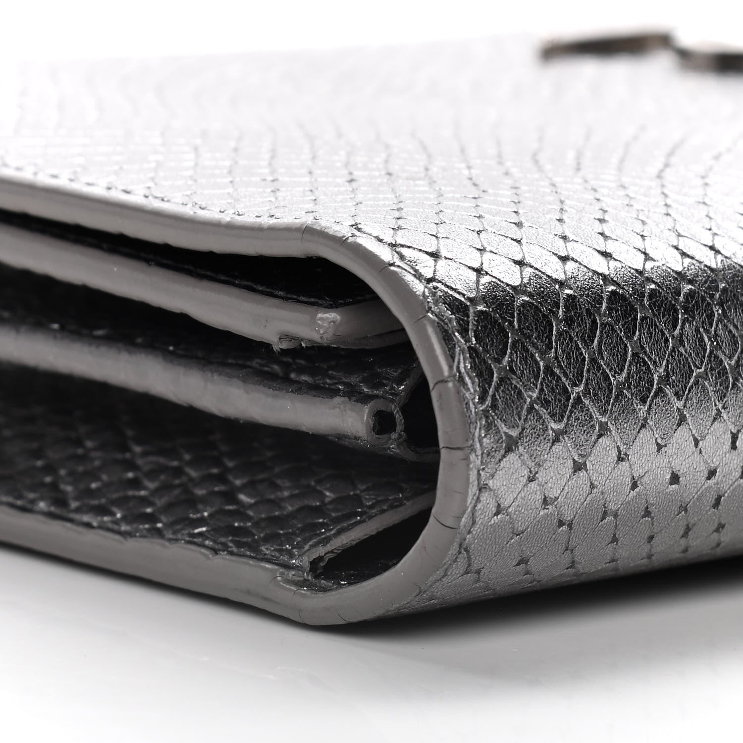 Saint Laurent Metallic Calfskin Python Embossed Monogram Chain Wallet Silver 11 of 17