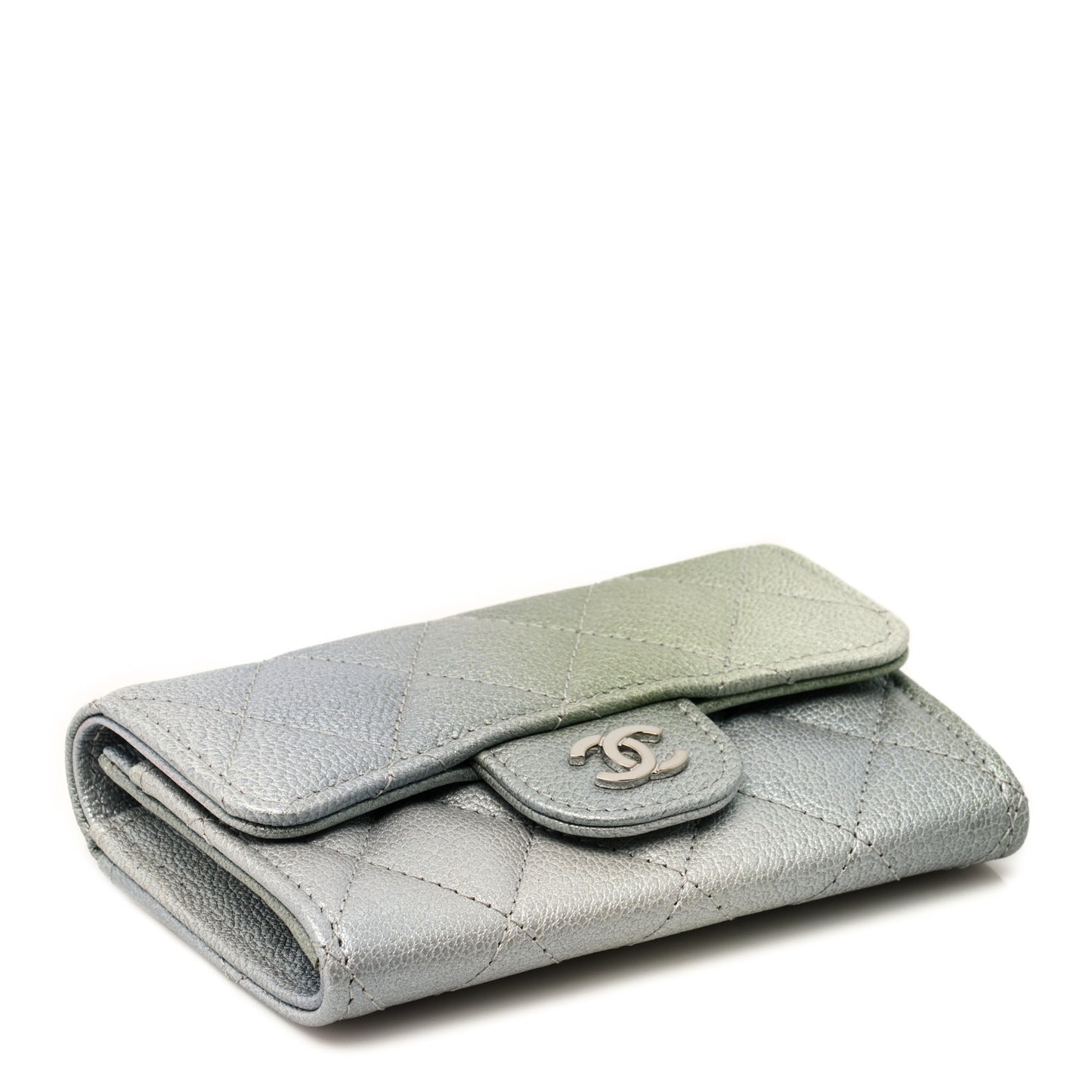 Metallic Goatskin Quilted Ombre Flap Card Holder Wallet Grey Green