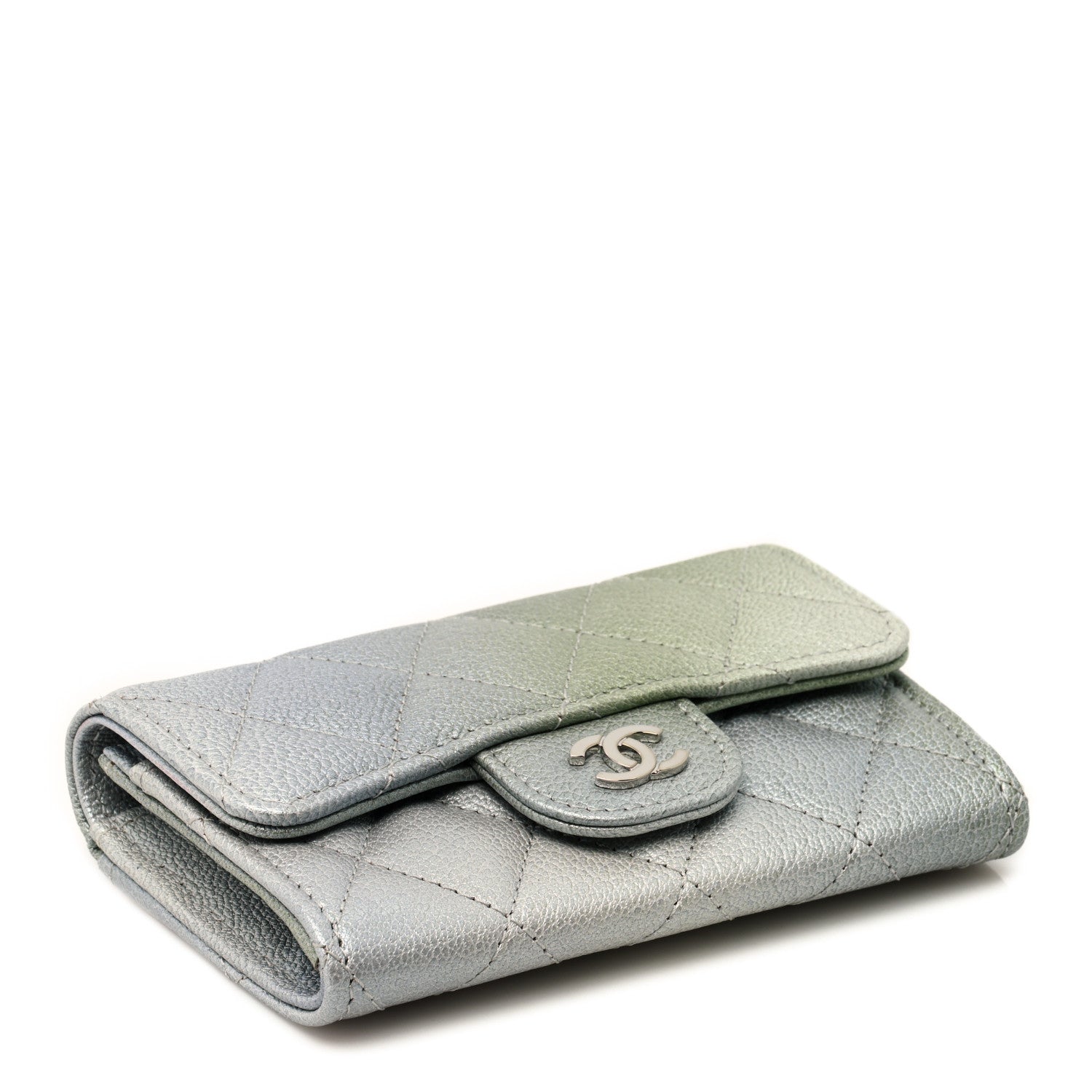 Chanel Metallic Goatskin Quilted Ombre Flap Card Holder Wallet Grey Green 3 of 8
