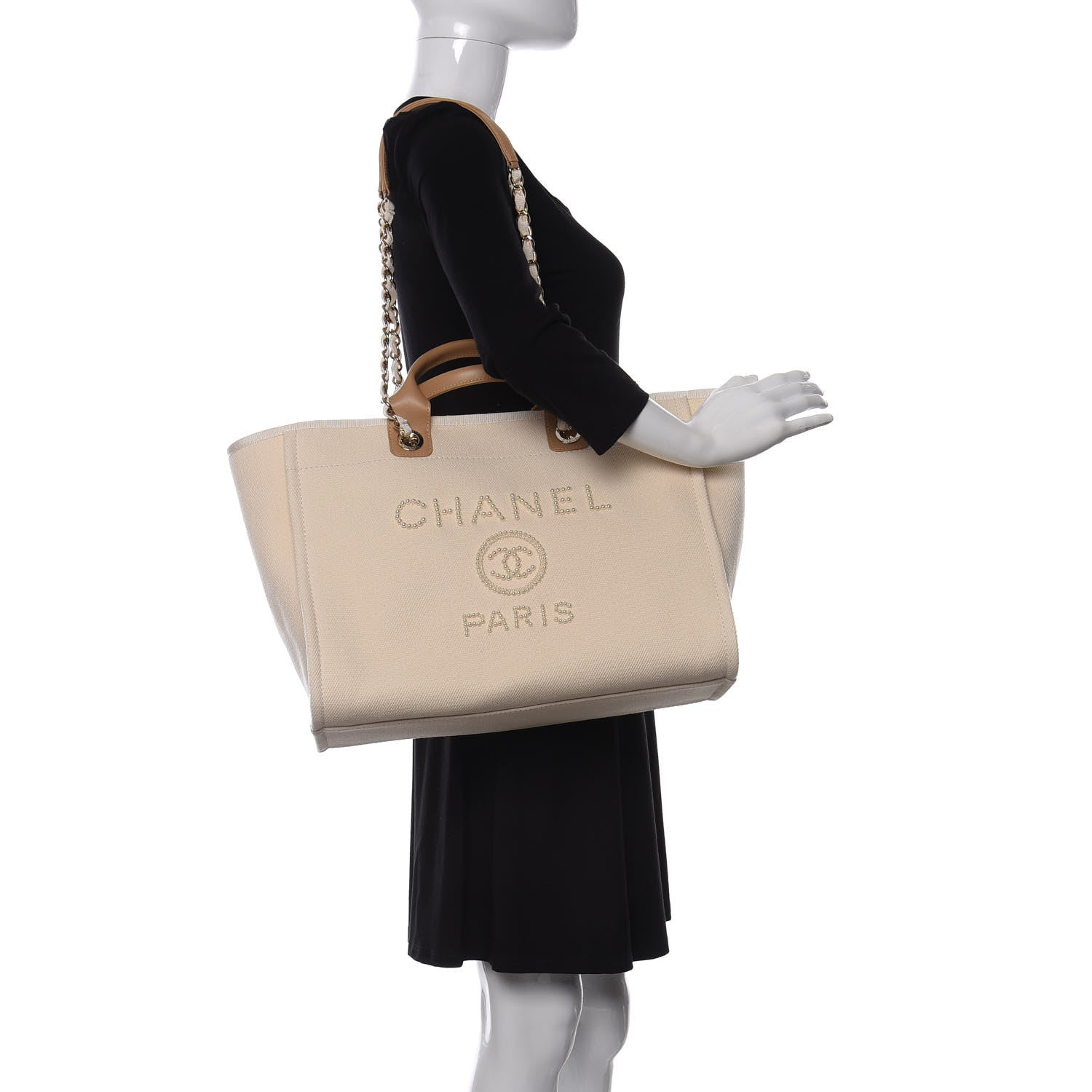 Chanel Canvas Pearl Medium Deauville Tote Ecru Beige 2 of 11