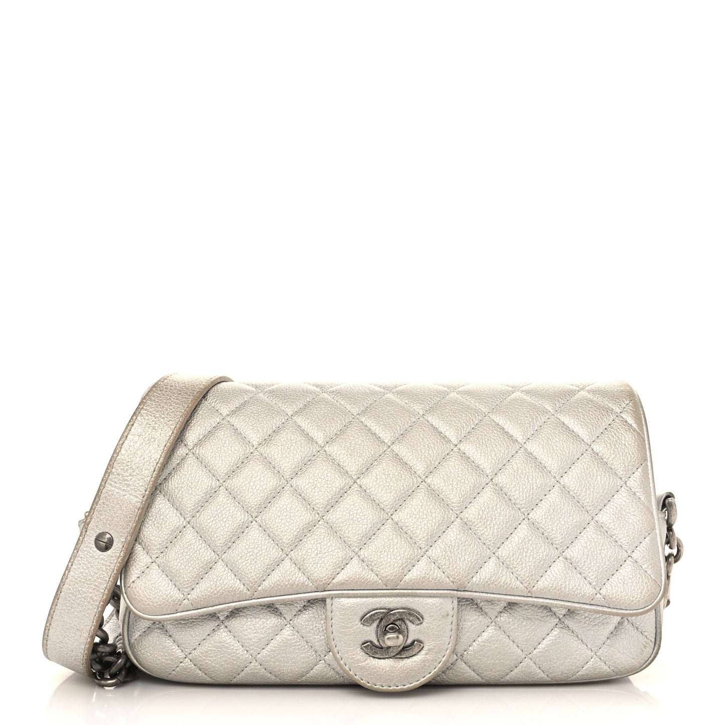 Metallic Grained Calfskin Quilted Small Casual Rock Flap Silver