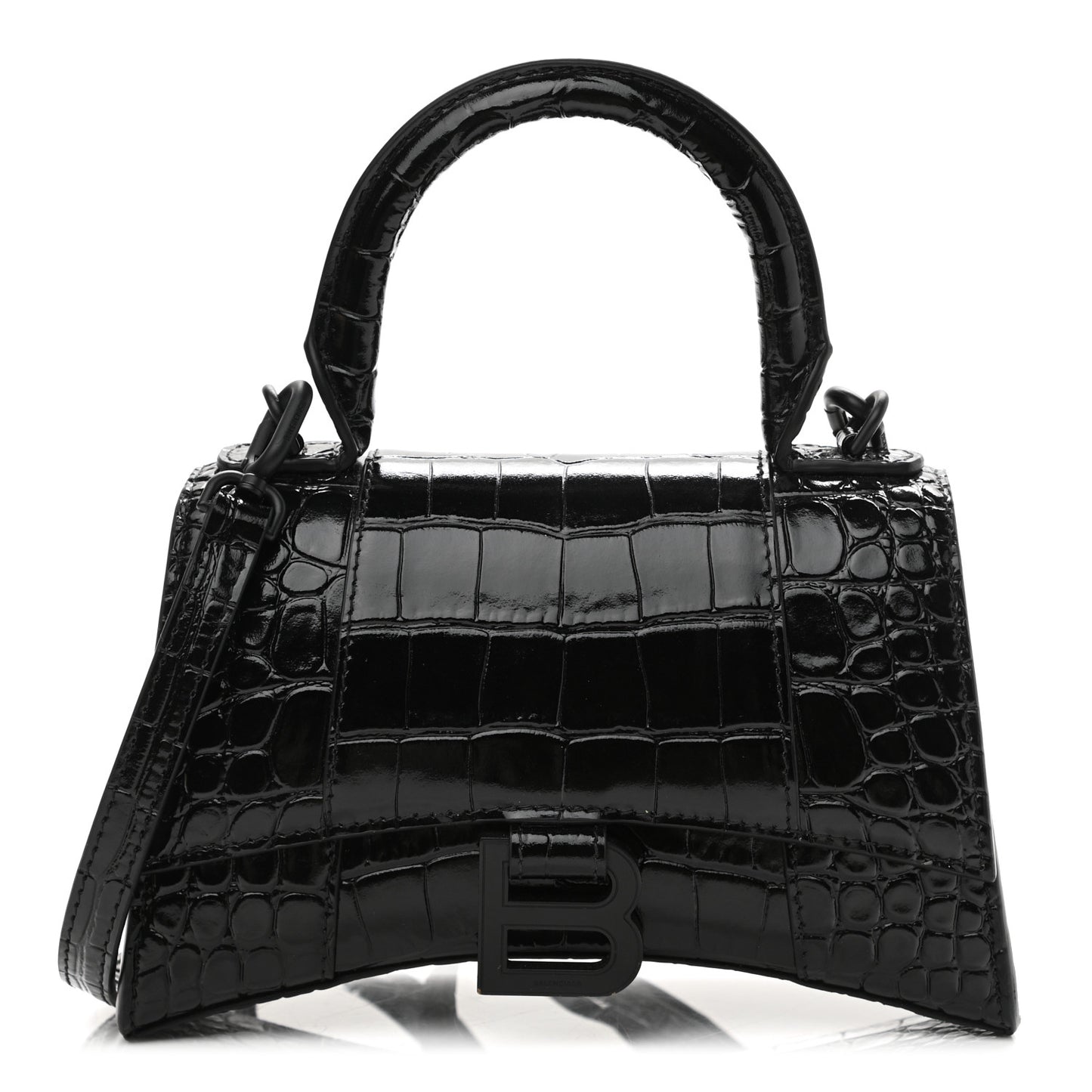 Shiny Calfskin Monochrome Crocodile Embossed Hourglass Top Handle Bag XS Black