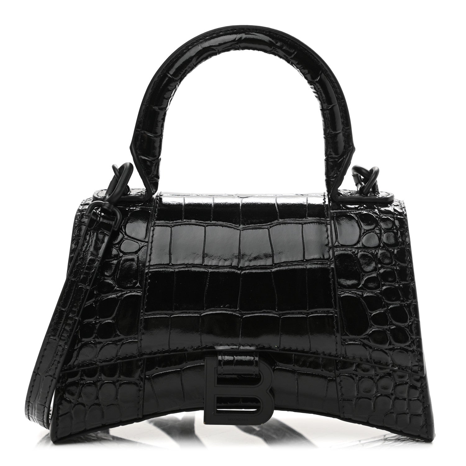 Balenciaga Shiny Calfskin Monochrome Crocodile Embossed Hourglass Top Handle Bag XS Black 1 of 11