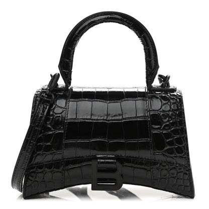 Balenciaga Shiny Calfskin Monochrome Crocodile Embossed Hourglass Top Handle Bag XS Black 1 of 11