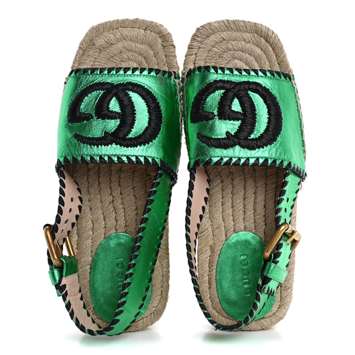 Metallic Nappa Embroidered Double G Espadrille Slingback Sandals 35 Green