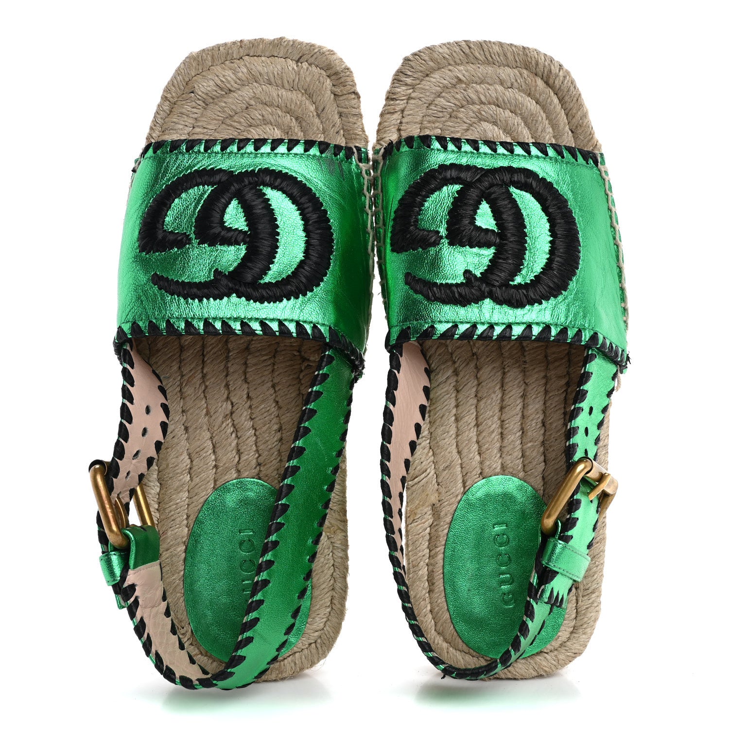 Gucci Metallic Nappa Embroidered Double G Espadrille Slingback Sandals 35 Green 2 of 17