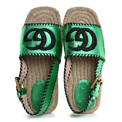 Gucci Metallic Nappa Embroidered Double G Espadrille Slingback Sandals 35 Green 2 of 17