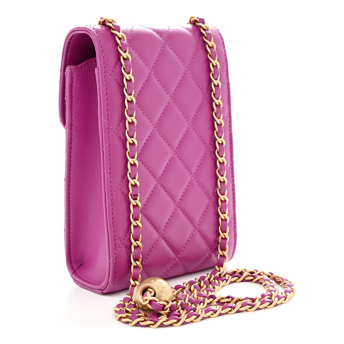 Lambskin Quilted Pearl Crush Phone Holder With Chain Purple