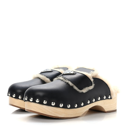 Prada Natural Calfskin Shearling Metal Triangle Logo 45mm Clogs 39 Black Sabbia 3 of 8