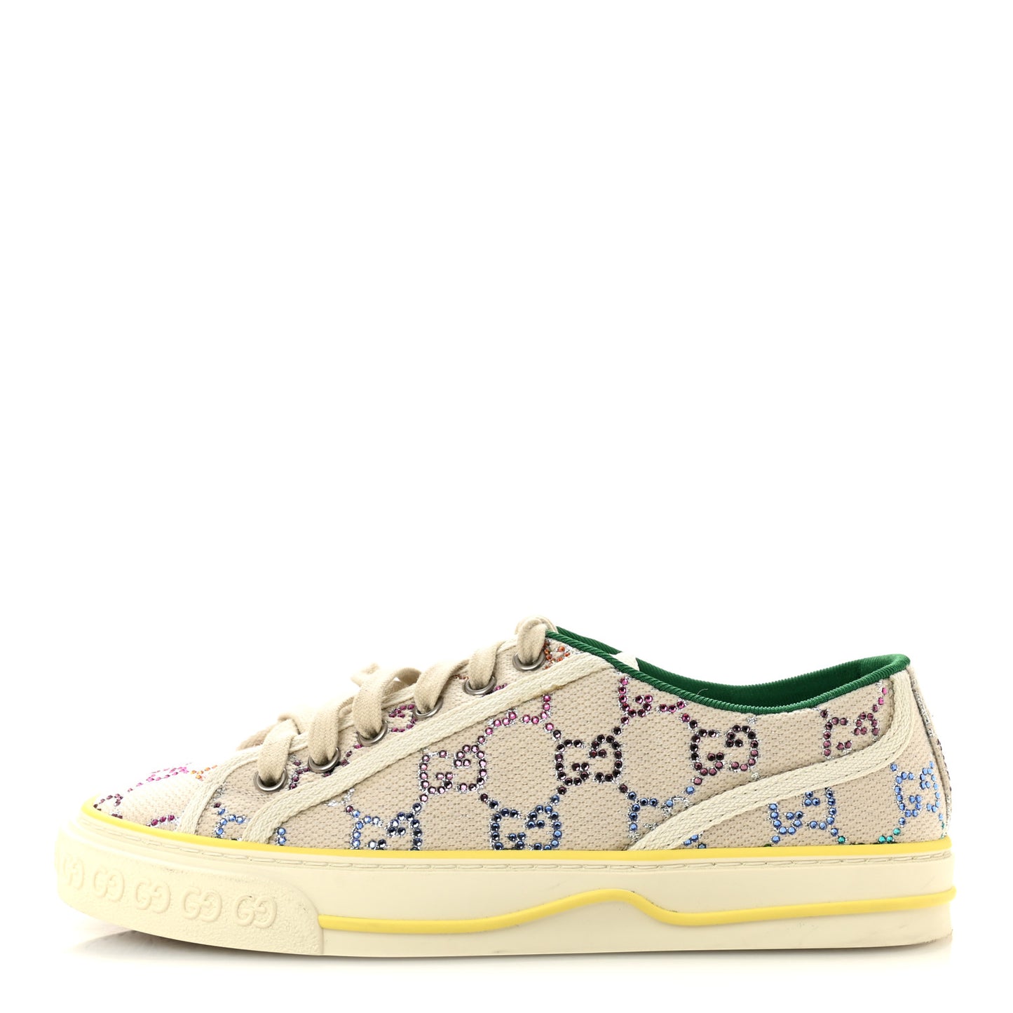 Canvas Lame Crystal GG Monogram Womens 1977 Tennis Sneakers 36 Gardenia Silver Mystic White