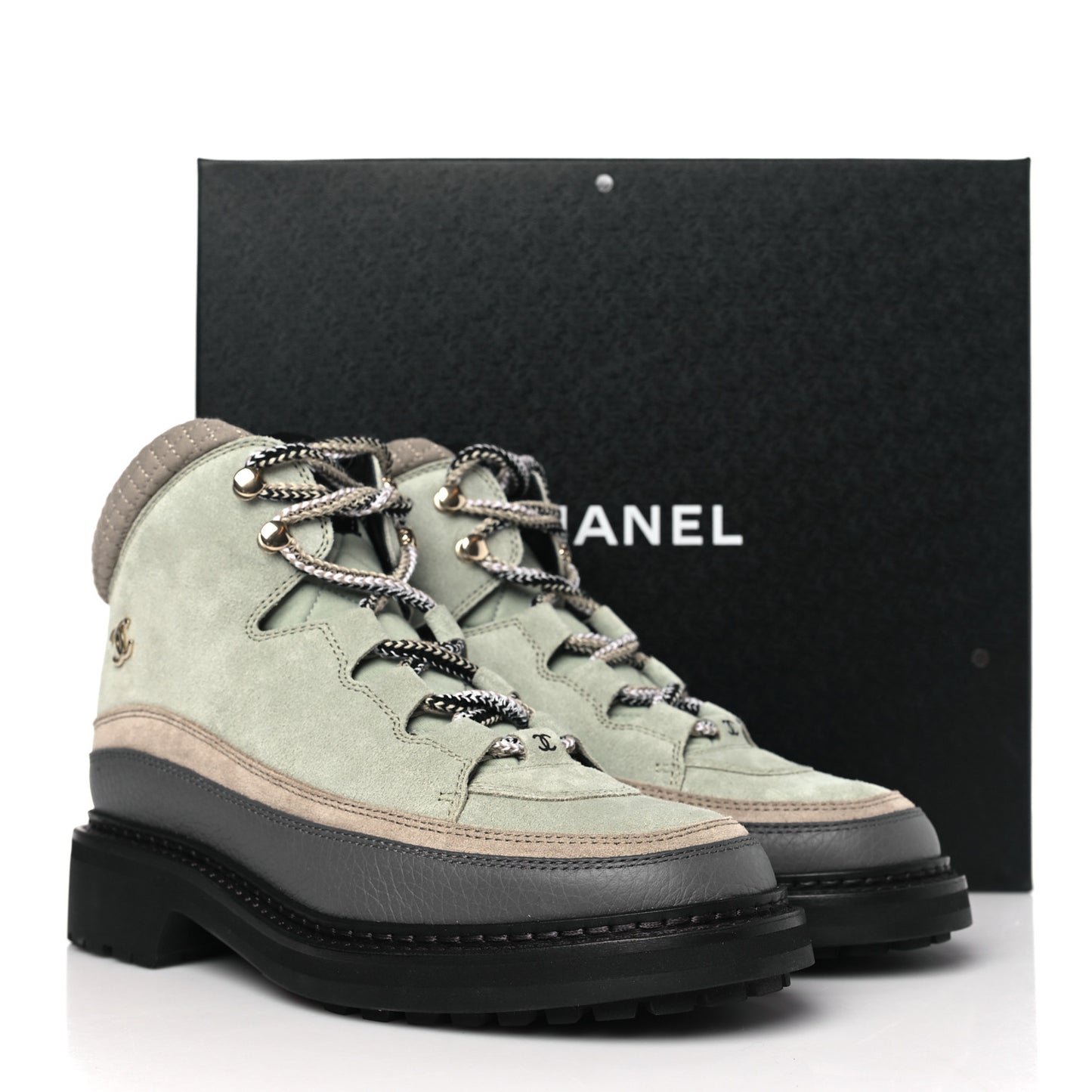 Suede Grained Calfskin CC Lace Up Boots 39 Light Green Dark Beige Gray