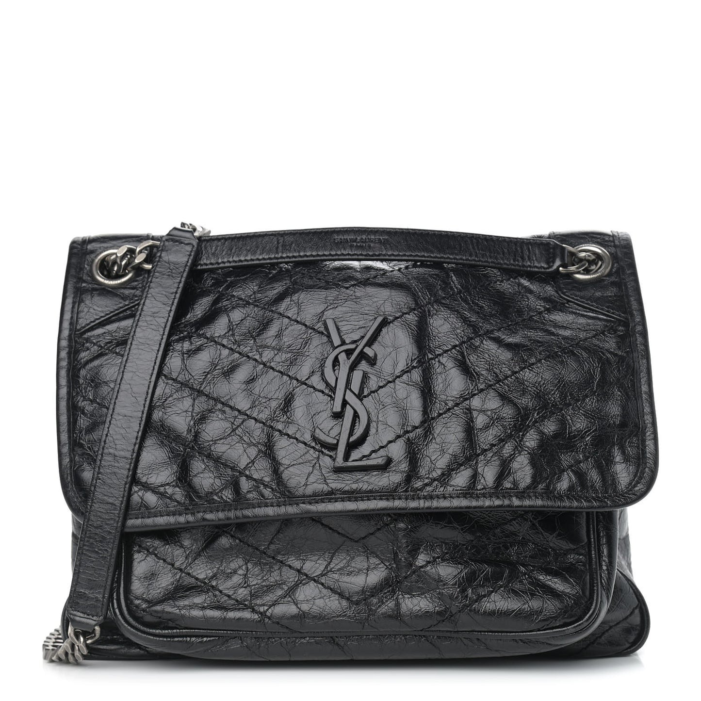 Crinkled Calfskin Matelasse Monogram Medium Niki Chain Satchel Black