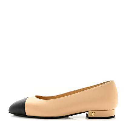 Chanel Lambskin Cap Toe CC Uniform Ballerina Flats 36 Beige Black 1 of 9
