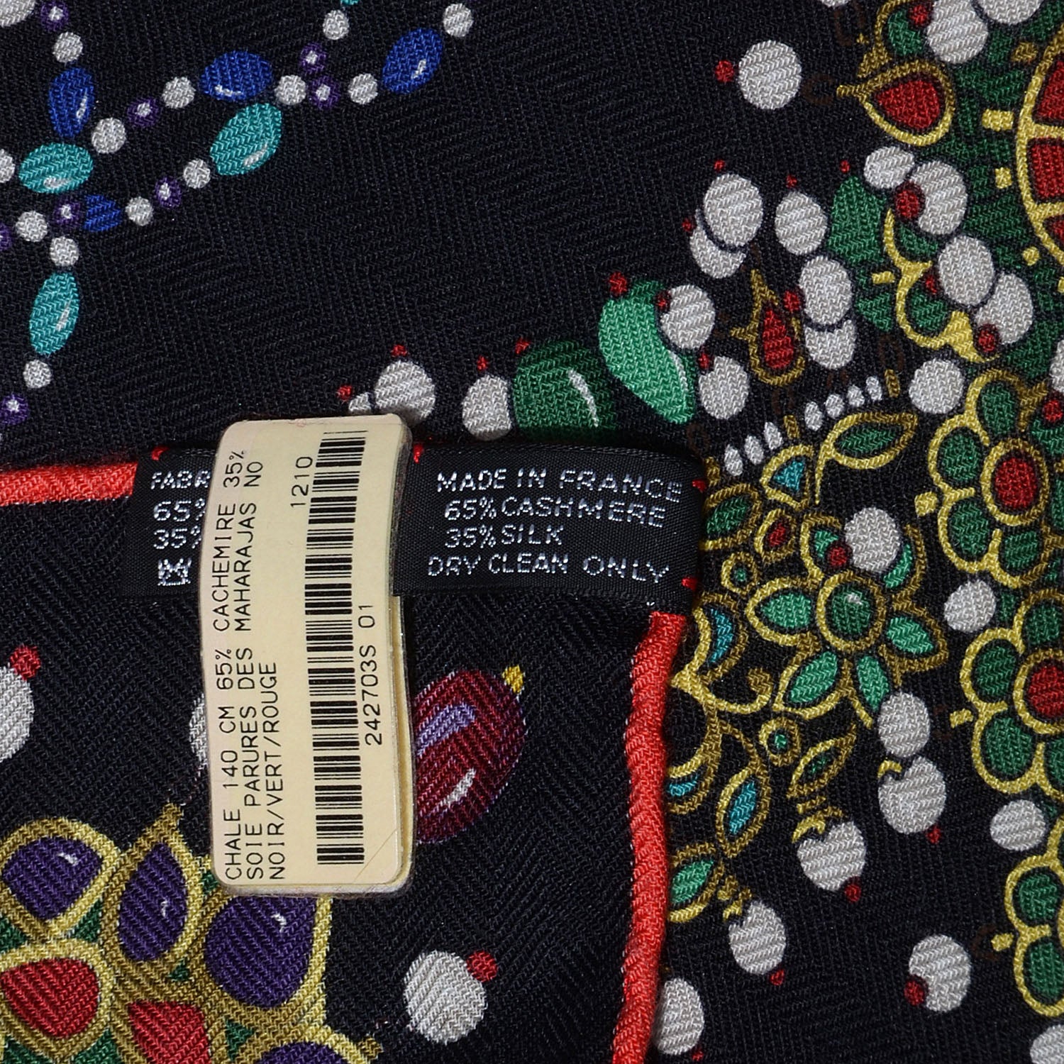 Hermes Cashmere Silk Parures Des Maharajas Shawl 140 Noir Vert Rouge 7 of 7