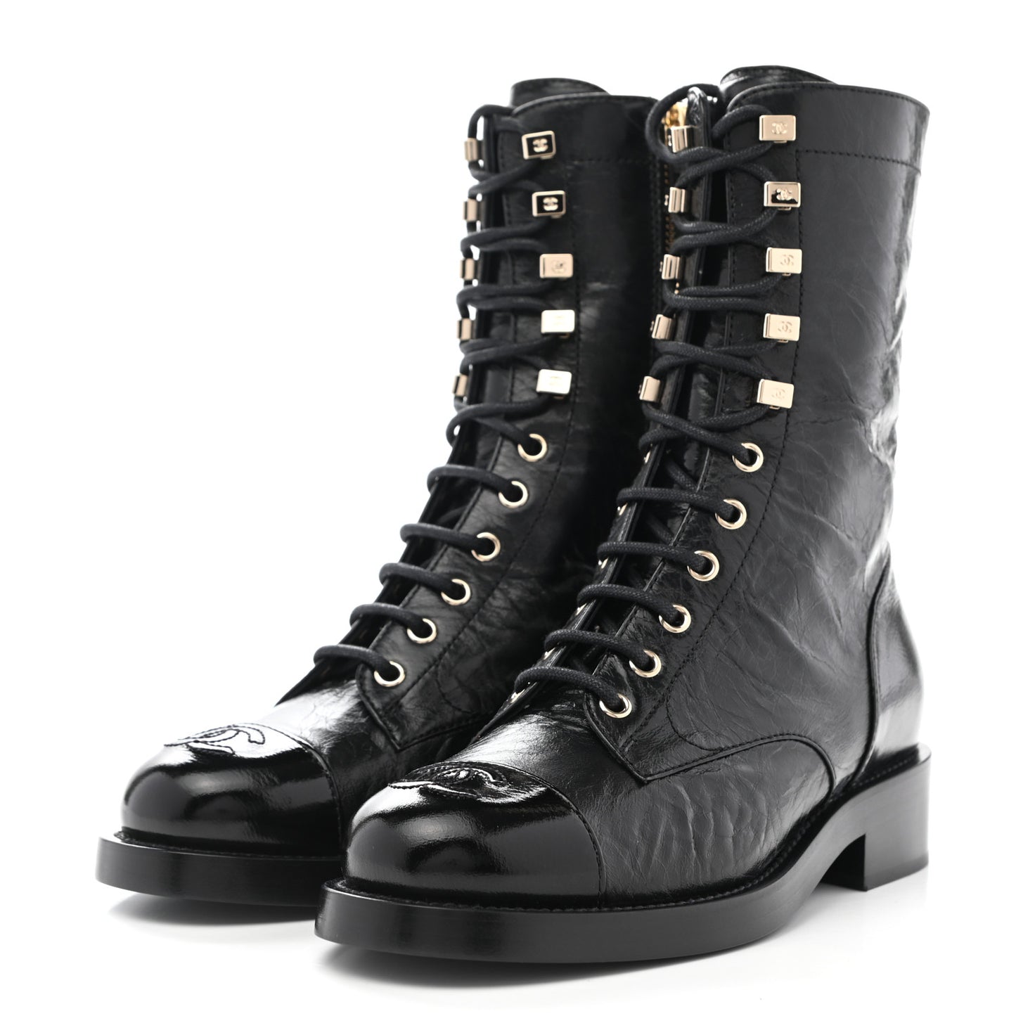 Crumpled Lambskin Shiny Calfskin Lace Up Combat Boots 35.5 Black