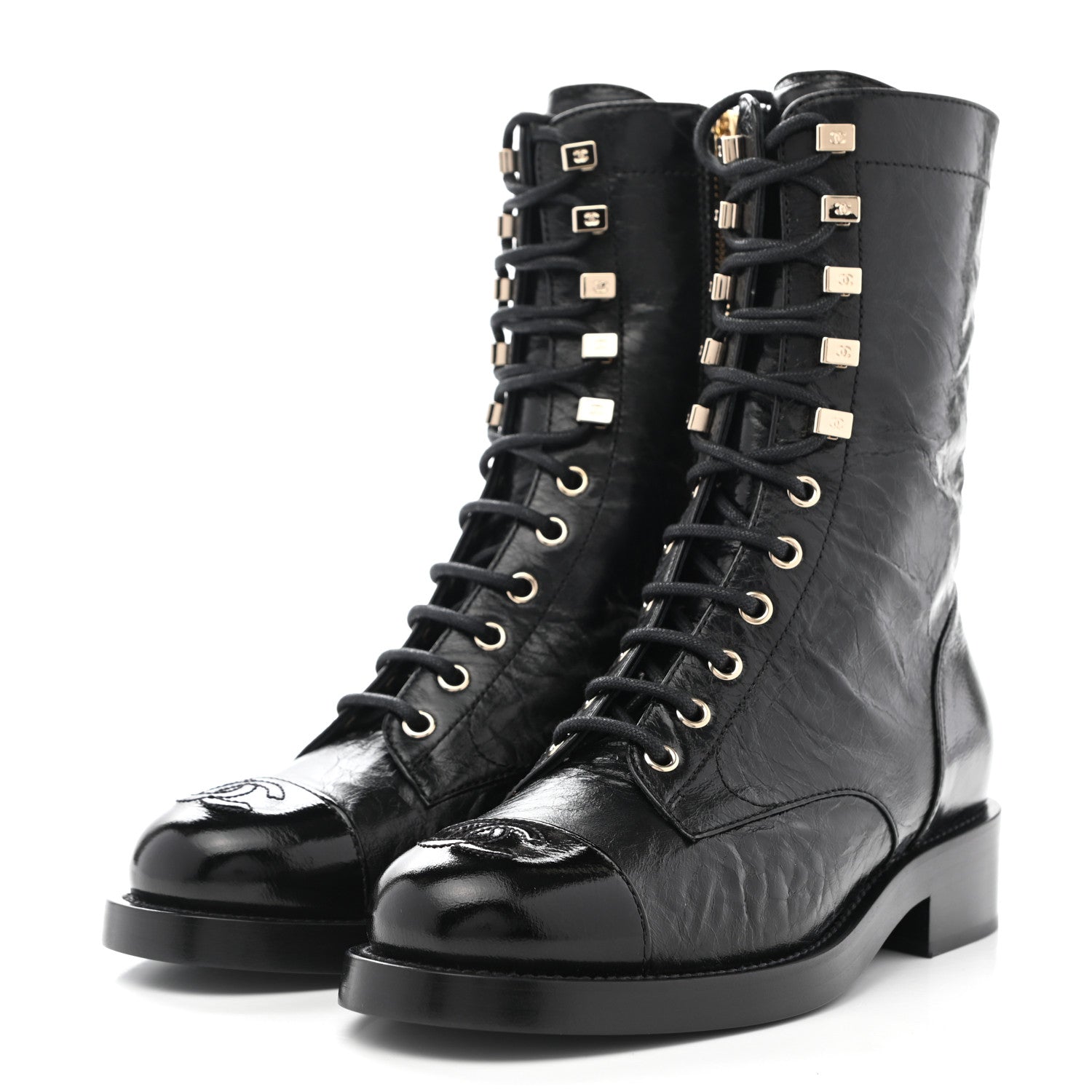Chanel Crumpled Lambskin Shiny Calfskin Lace Up Combat Boots 35.5 Black 3 of 10