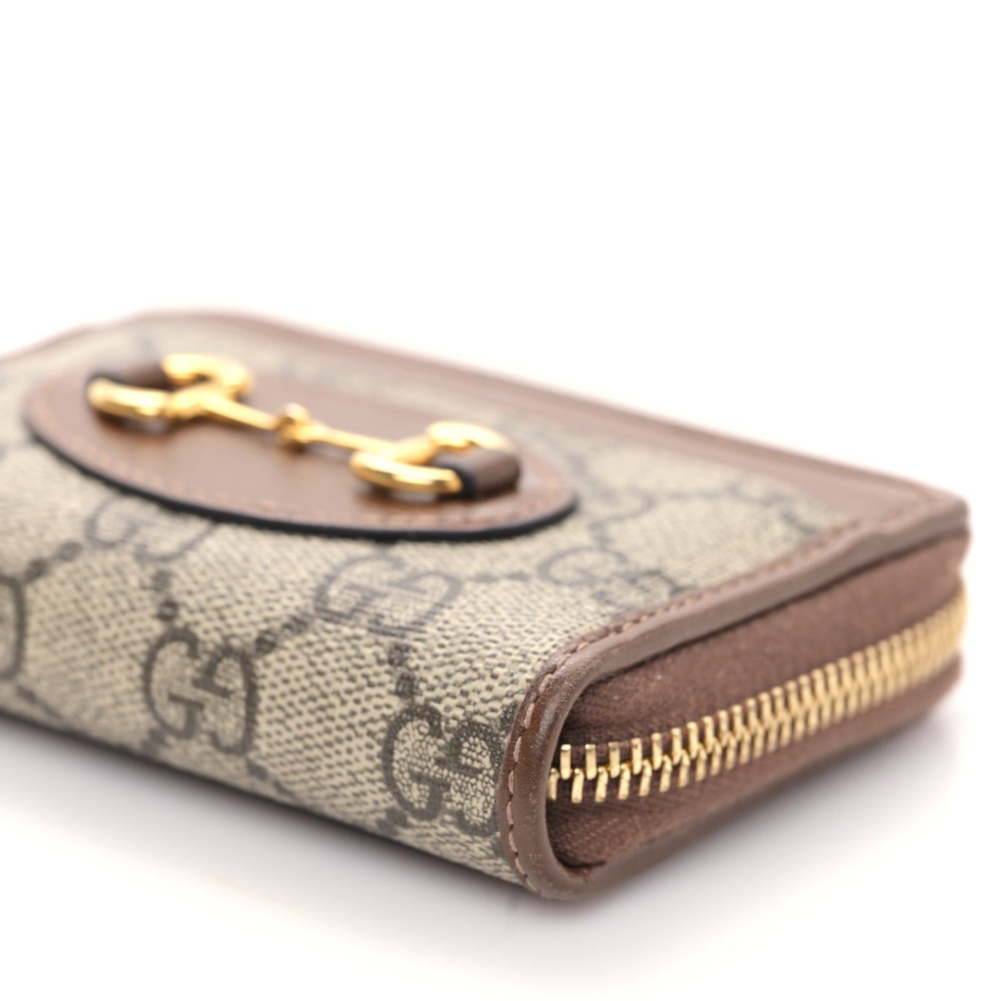 GG Supreme Monogram Azalea Calfskin Horsebit 1955 Zip Around ID Card Case Wallet Beige Ebony Brown Sugar
