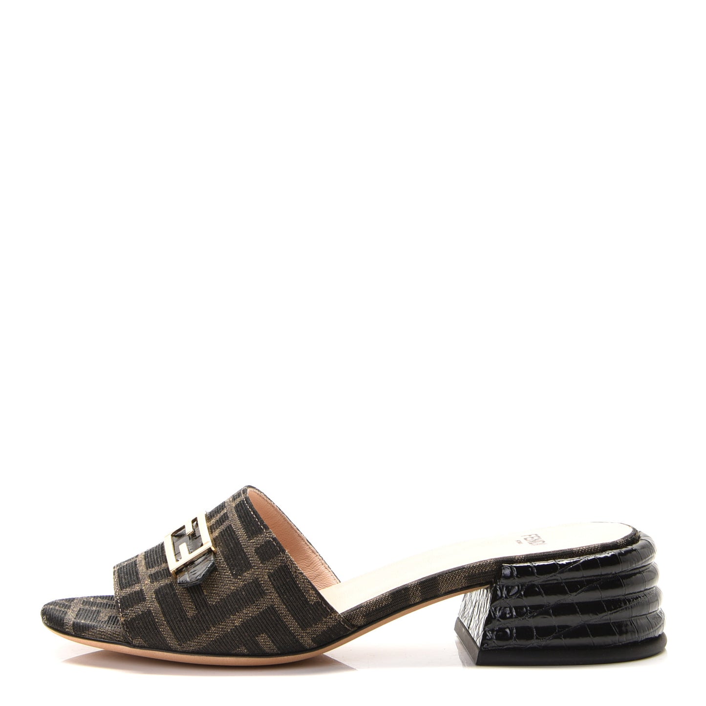 Jacquard Calfskin FF Crocodile Embossed Promenade Slide Sandals 35.5 Tobacco Moro Black