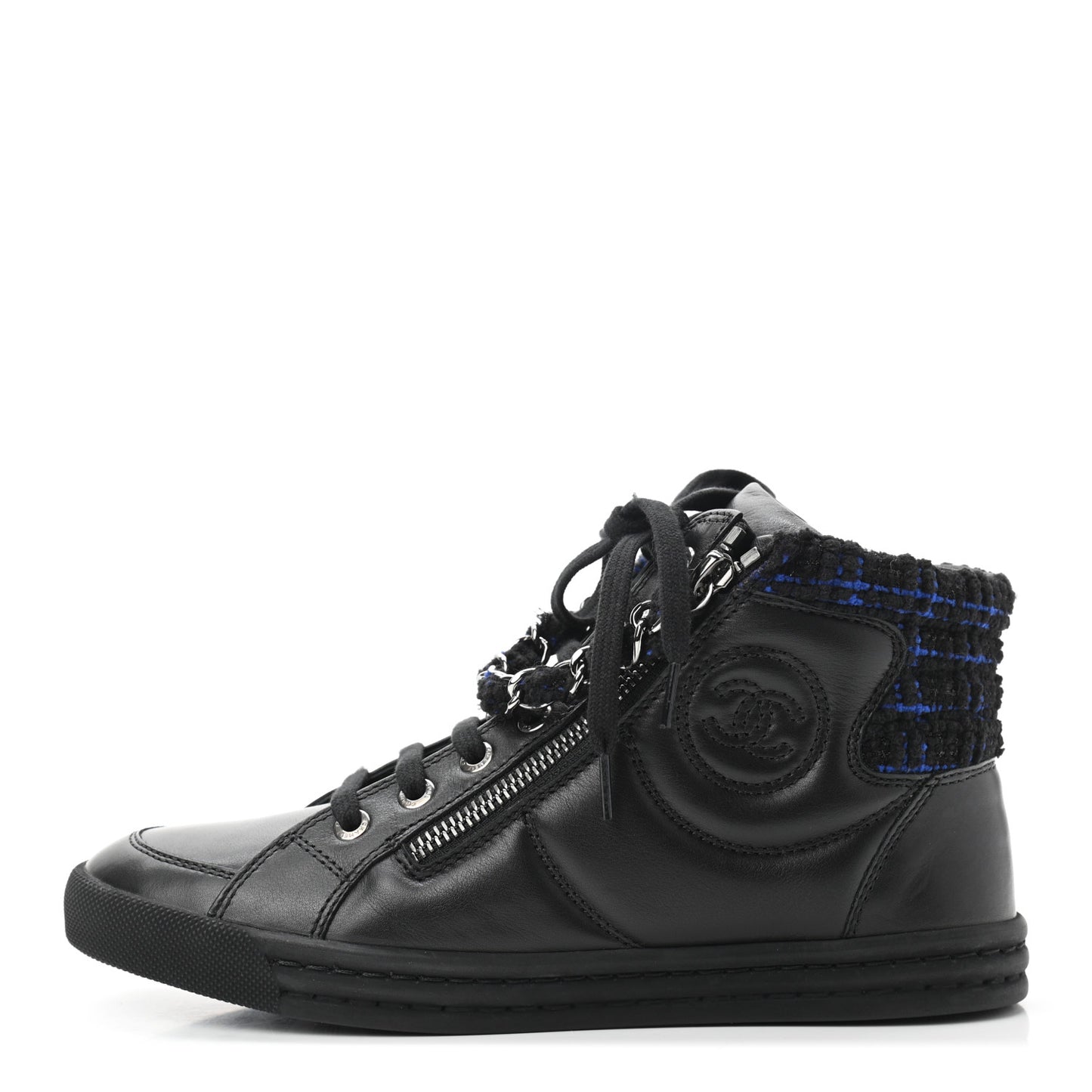 Lambskin Tweed Zipped Sneakers 35.5 Black Blue
