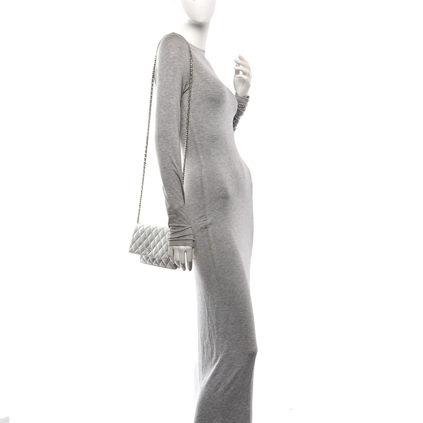 Metallic Lambskin Quilted Wallet On Chain WOC Silver