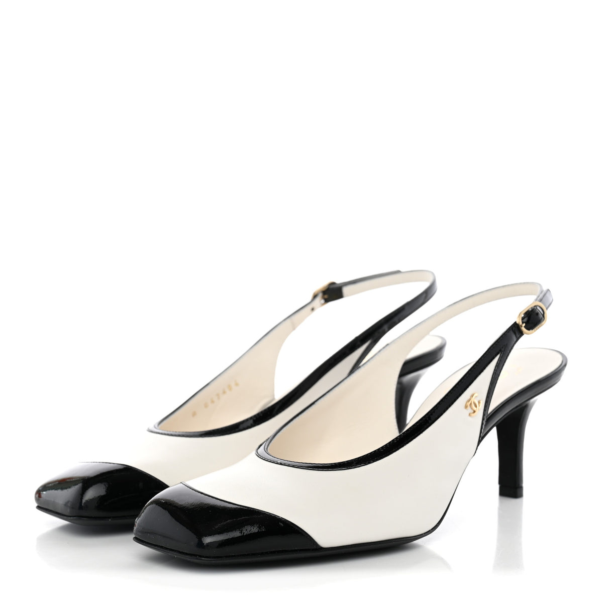 Lambskin Patent Calfskin Cap Toe CC Slingback Pumps 38 White Black