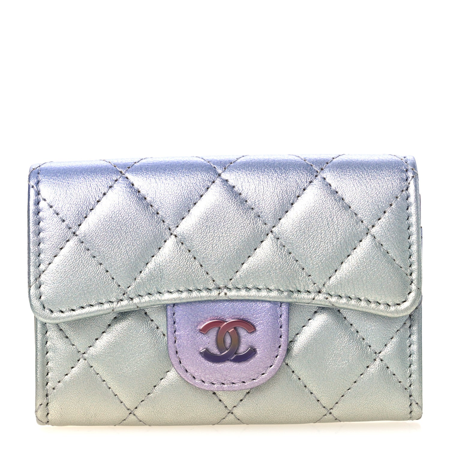 Chanel Gradient Metallic Calfskin Quilted Flap Card Holder Wallet Silver Blue Yellow Purple 1 of 10