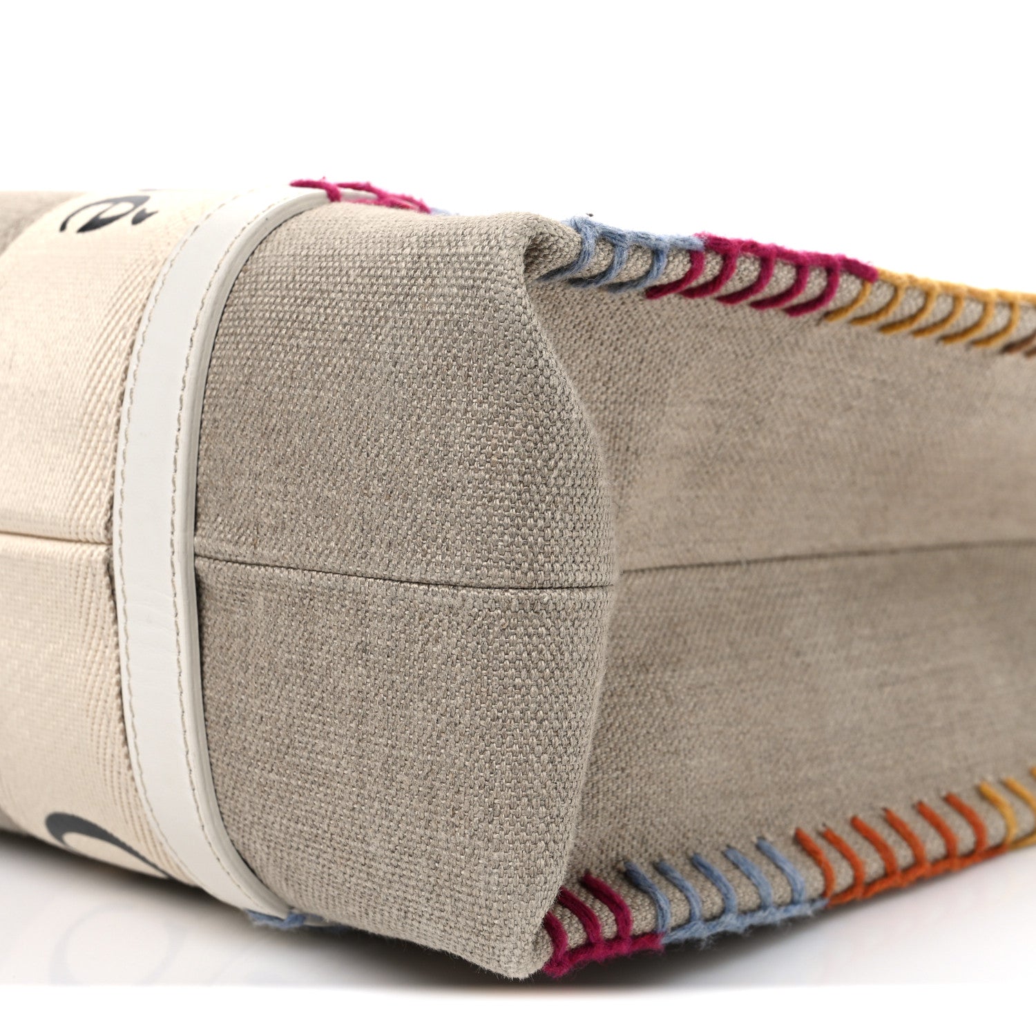 Chloe Linen Canvas Calfskin Blanket Stitched Medium Woody Ribbon Tote White Multicolor 10 of 12