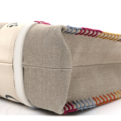 Chloe Linen Canvas Calfskin Blanket Stitched Medium Woody Ribbon Tote White Multicolor 10 of 12