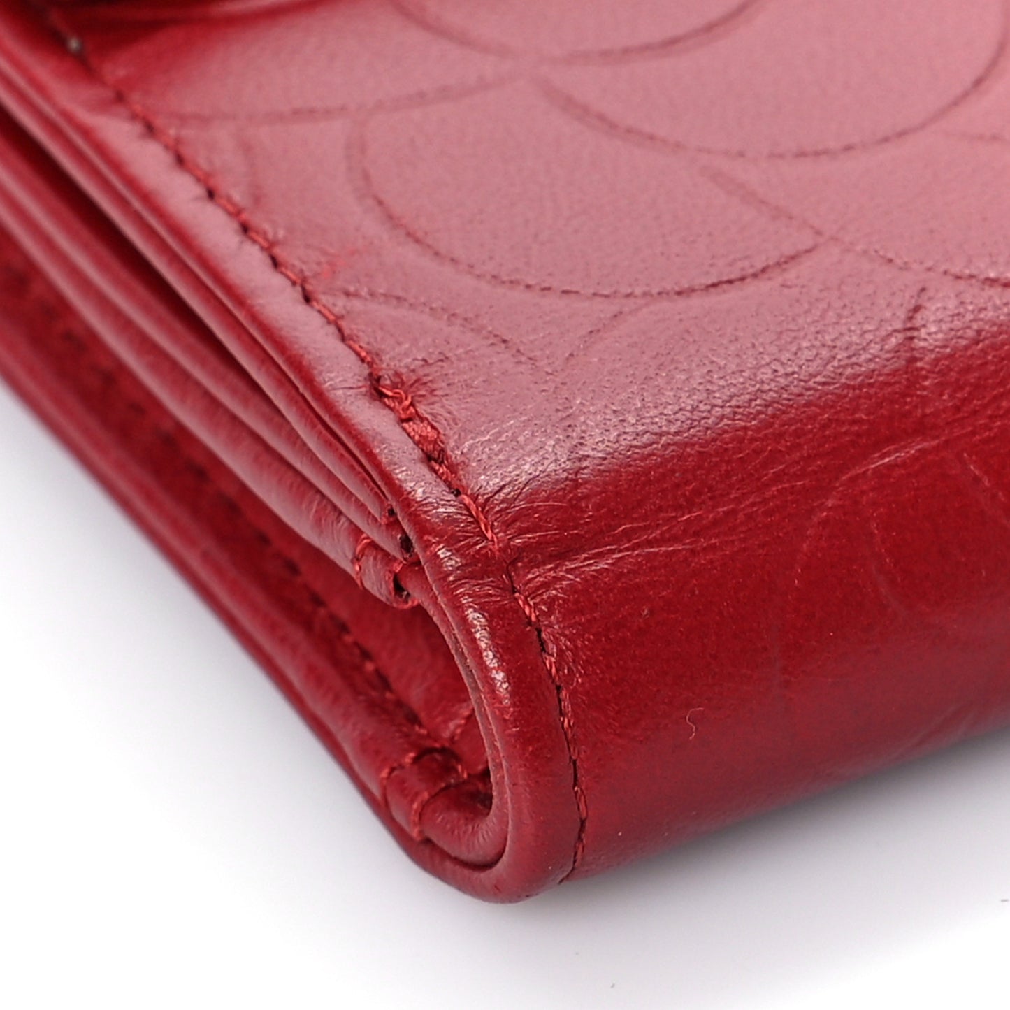 Lambskin Camellia Embossed Compact French Flap Wallet Red