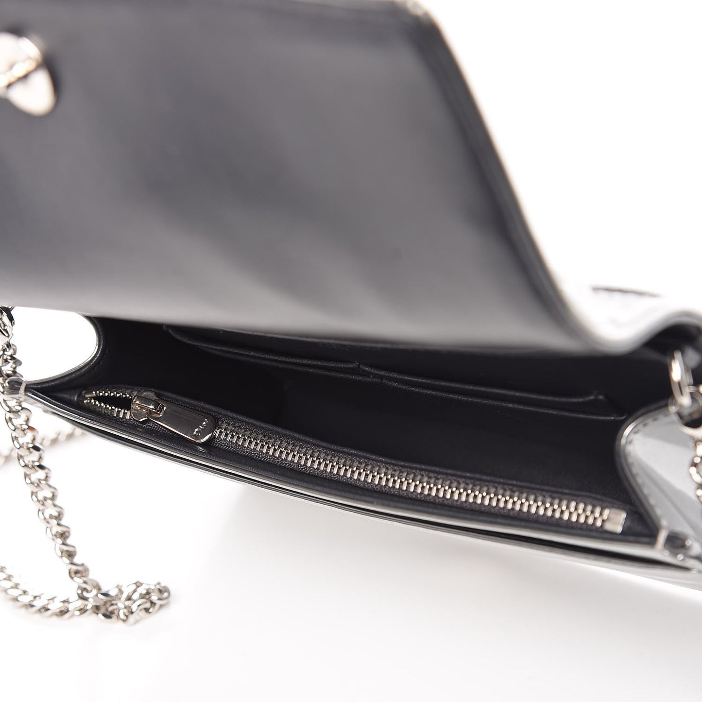 Metallic Patent Micro-Cannage Diorama Wallet on Chain Pouch Silver