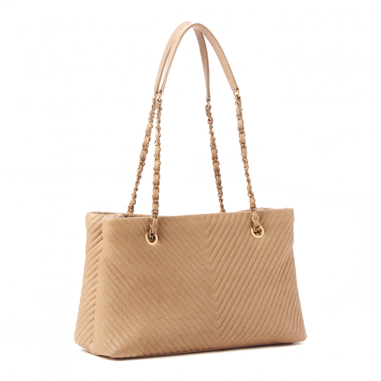 Wrinkled Lambskin Chevron Quilted Surpique Tote Beige