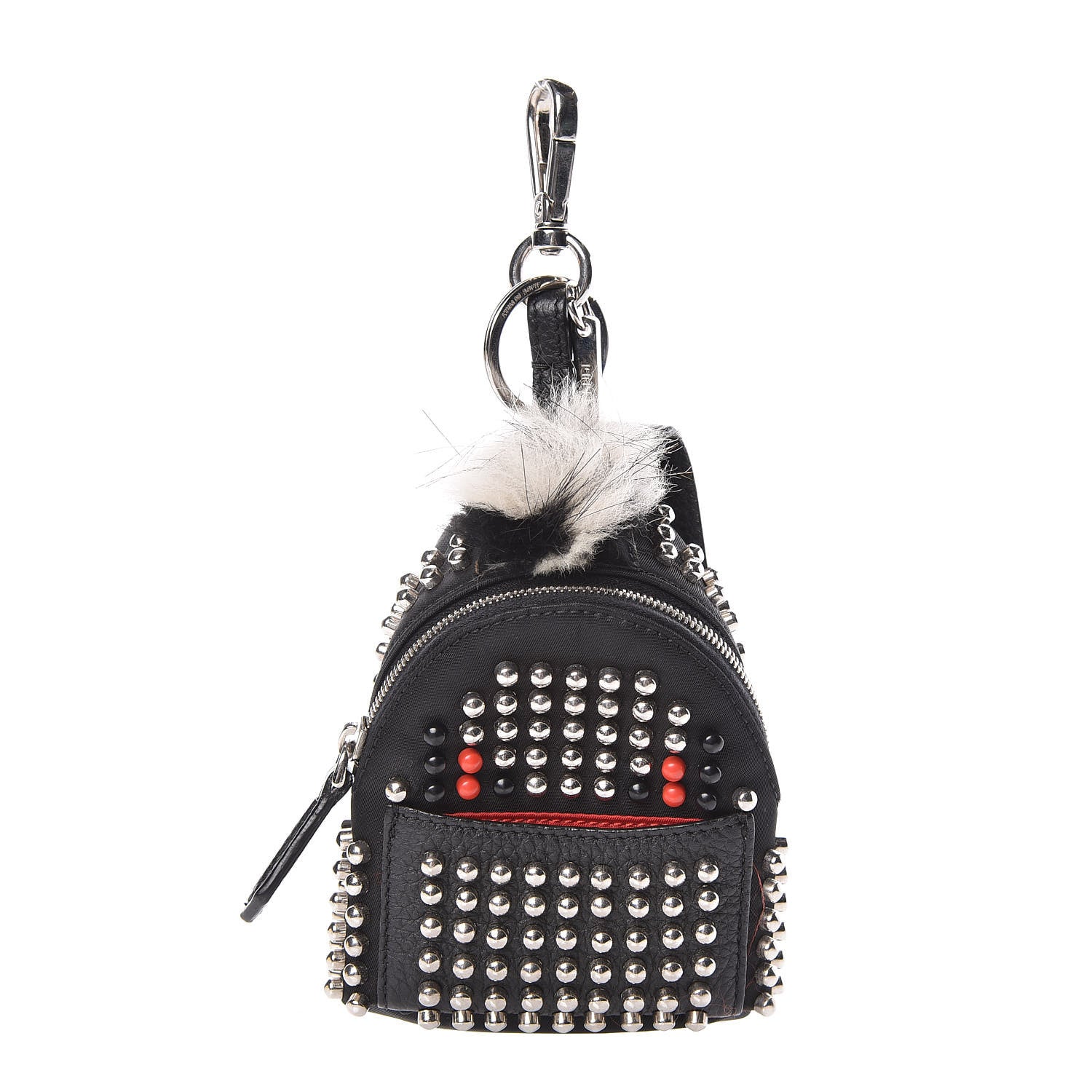 Fendi Nylon Nutria Fox Fur Studded Monster Eyes Mini Backpack Charm Argento Black Red 1 of 3