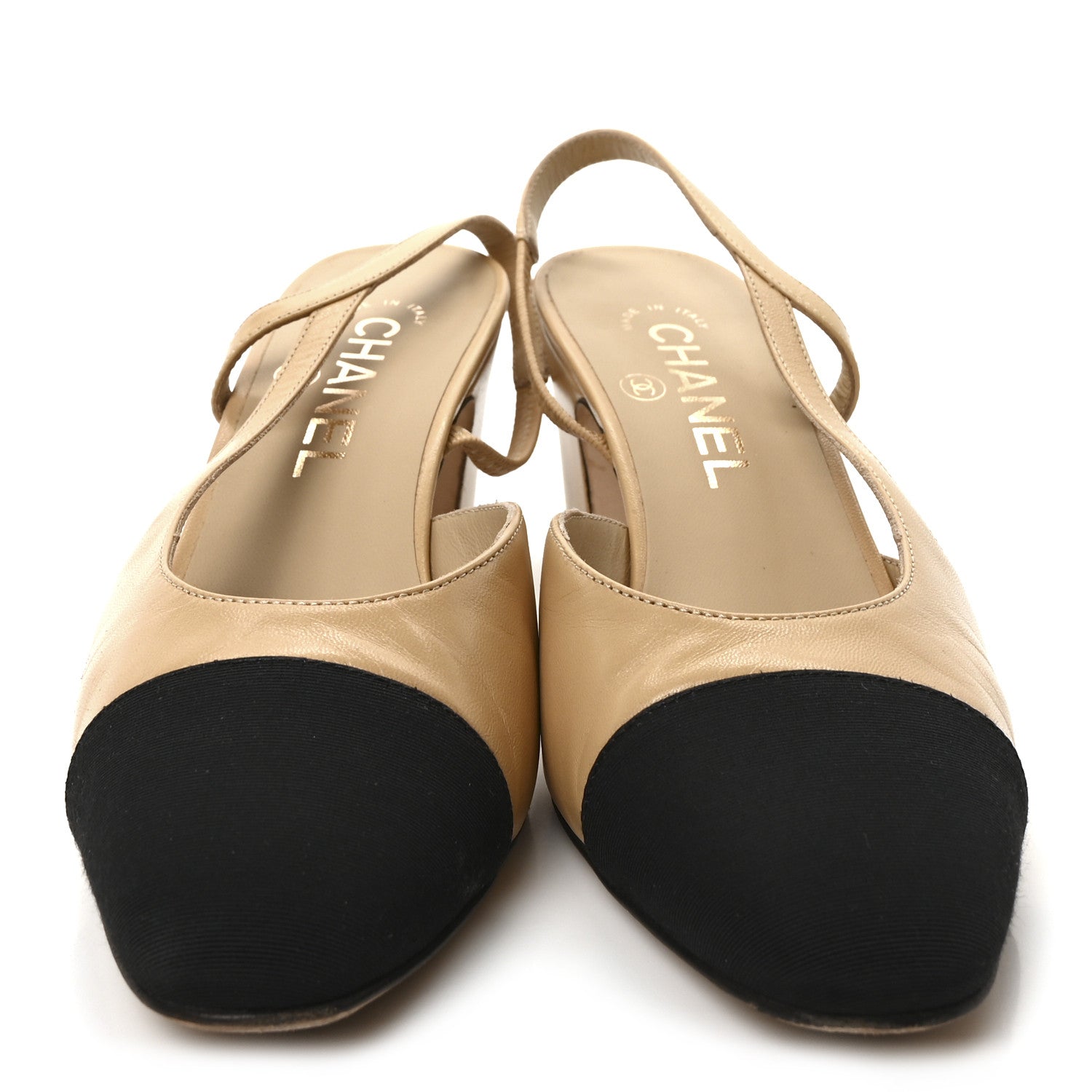 Chanel Goatskin Grosgrain Cap Toe CC Slingback Pumps 37 Beige Black 3 of 9
