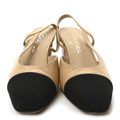 Chanel Goatskin Grosgrain Cap Toe CC Slingback Pumps 37 Beige Black 3 of 9