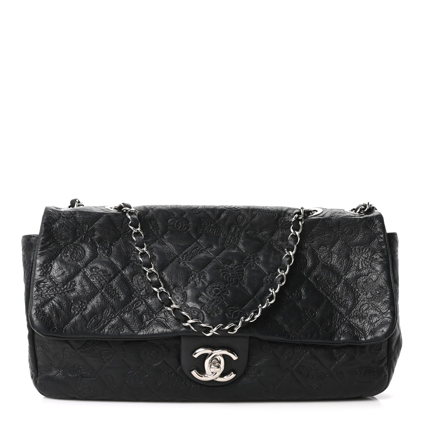 Calfskin Embossed Large Lucky Symbols Flap Black