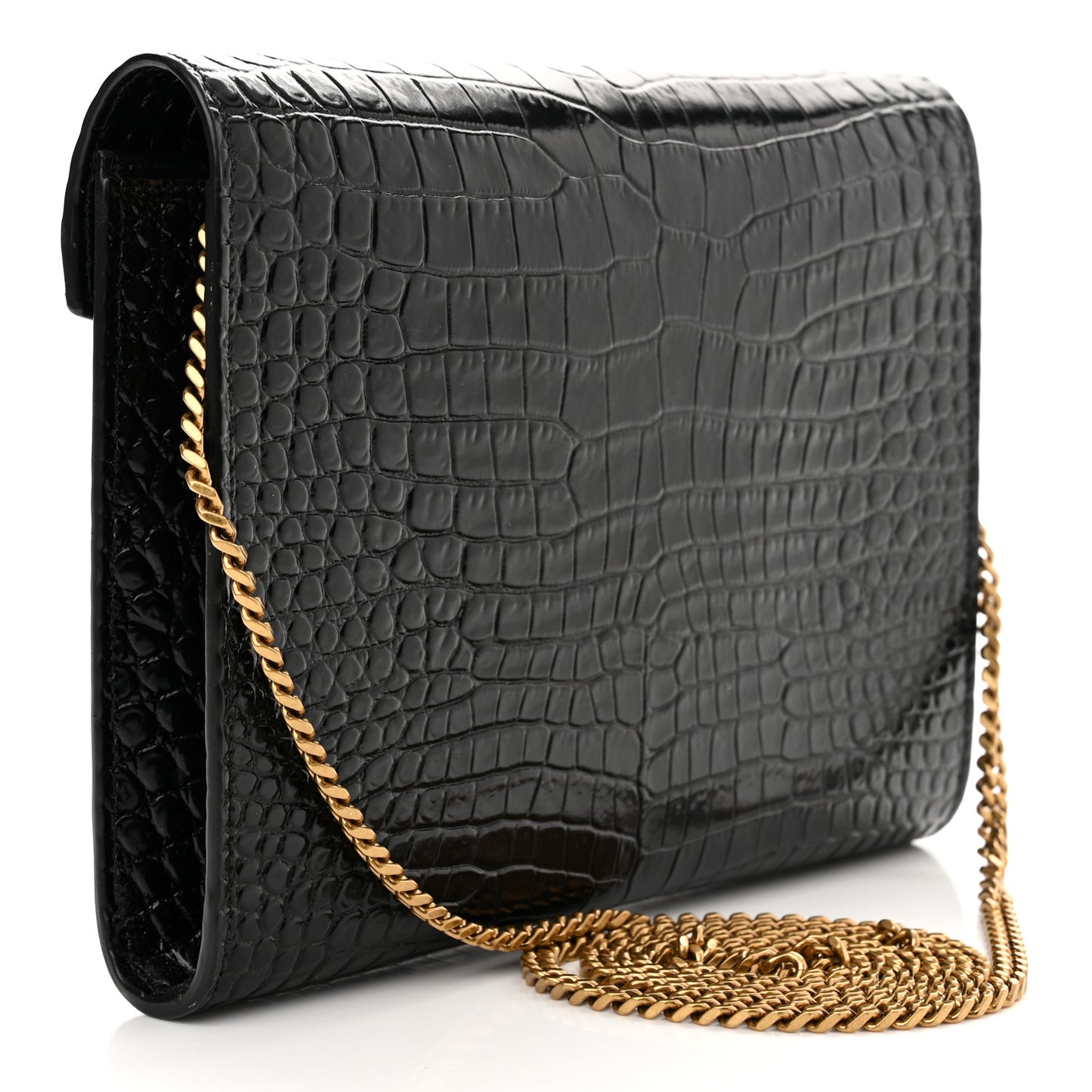 Calfskin Crocodile Embossed Monogram Cassandra Chain Wallet Black