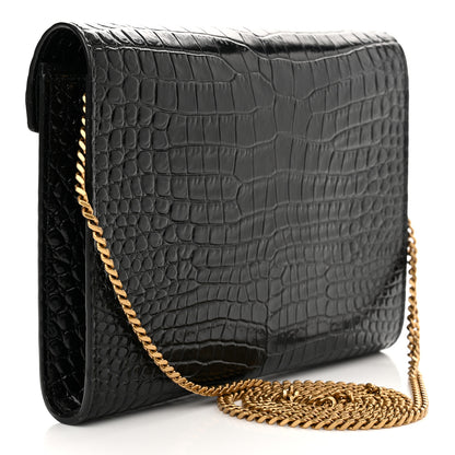 Saint Laurent Calfskin Crocodile Embossed Monogram Cassandra Chain Wallet Black 3 of 10