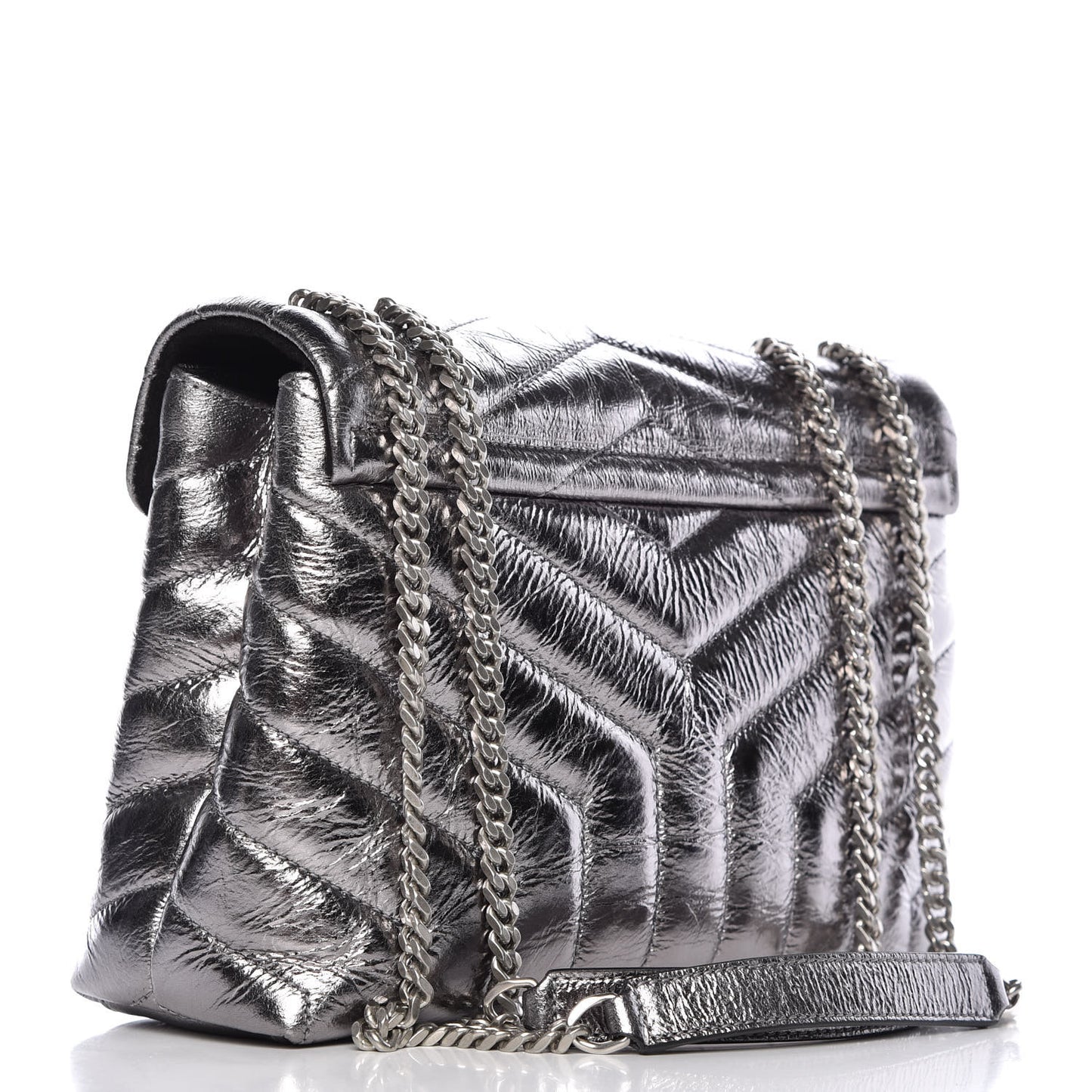 Metallic Calfskin Y Quilted Monogram Small Loulou Chain Satchel Acciaio