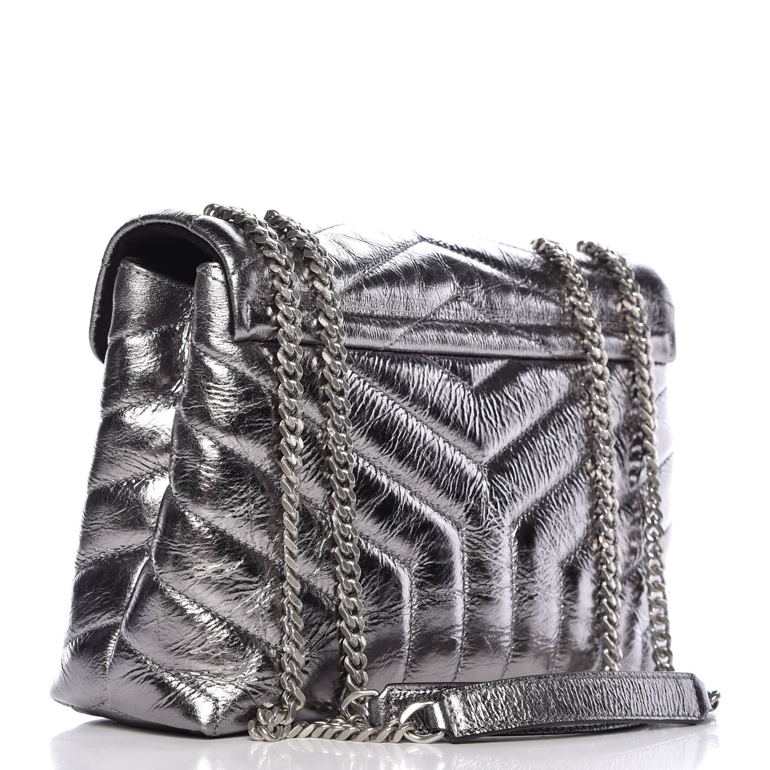 Saint Laurent Metallic Calfskin Y Quilted Monogram Small Loulou Chain Satchel Acciaio 3 of 9