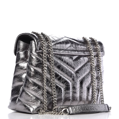 Saint Laurent Metallic Calfskin Y Quilted Monogram Small Loulou Chain Satchel Acciaio 3 of 9